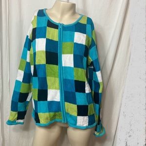SOLD David Brooks zip cardigan checker blue green white 90s vintage Y2K large